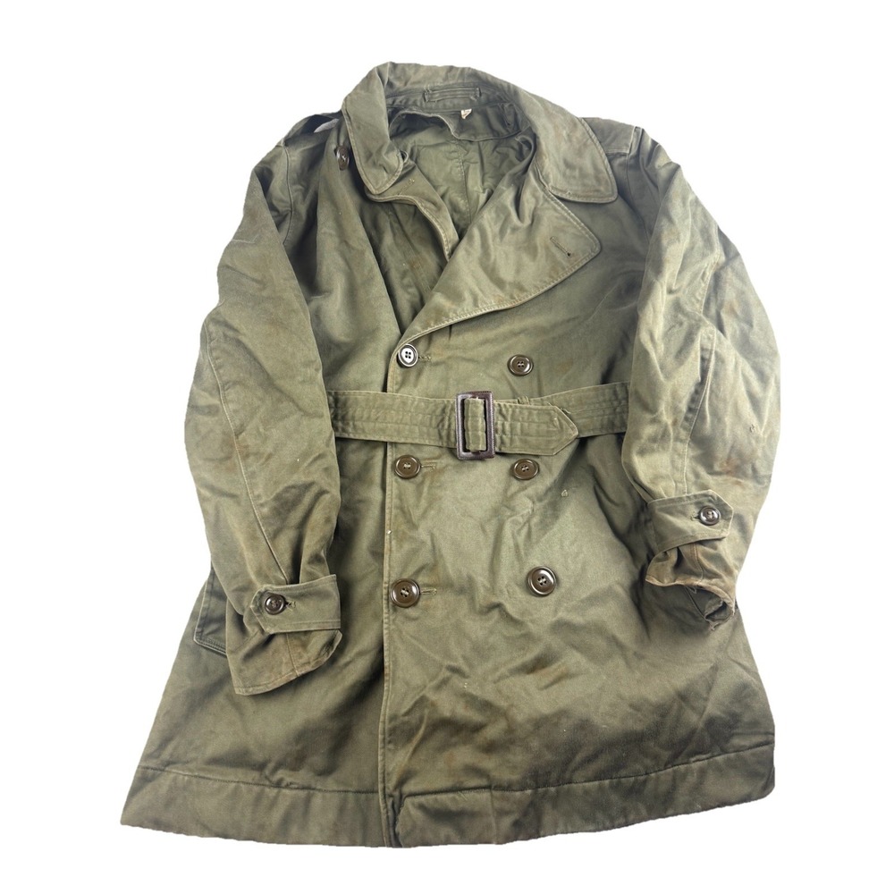 Vintage US Army OD Green Trench Coat Raincoat Belted Medium Korean War Era